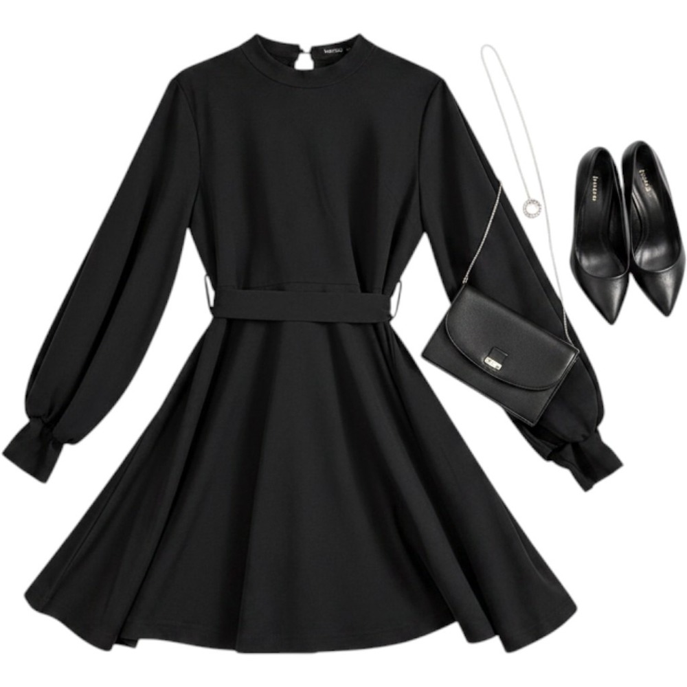 Black Long Sleeve Belted Mini Dress Mock Neck Skater Size 12